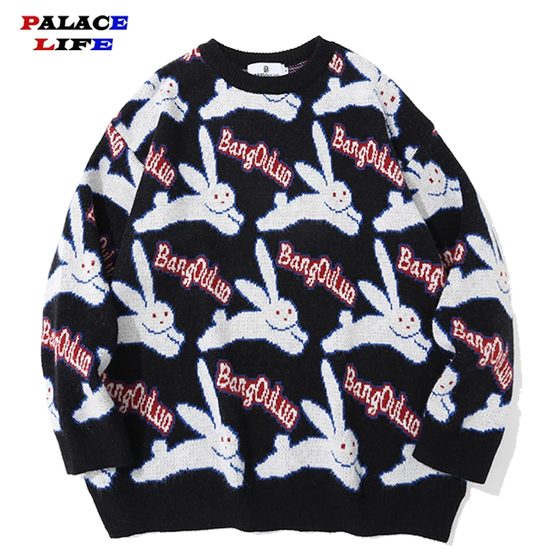 Winter Knitted Sweater Men Women Running Rabbit Full Print Streetwear Pullover Unisex Harajuku Hip Hop Loose Sweater Cotton Tops