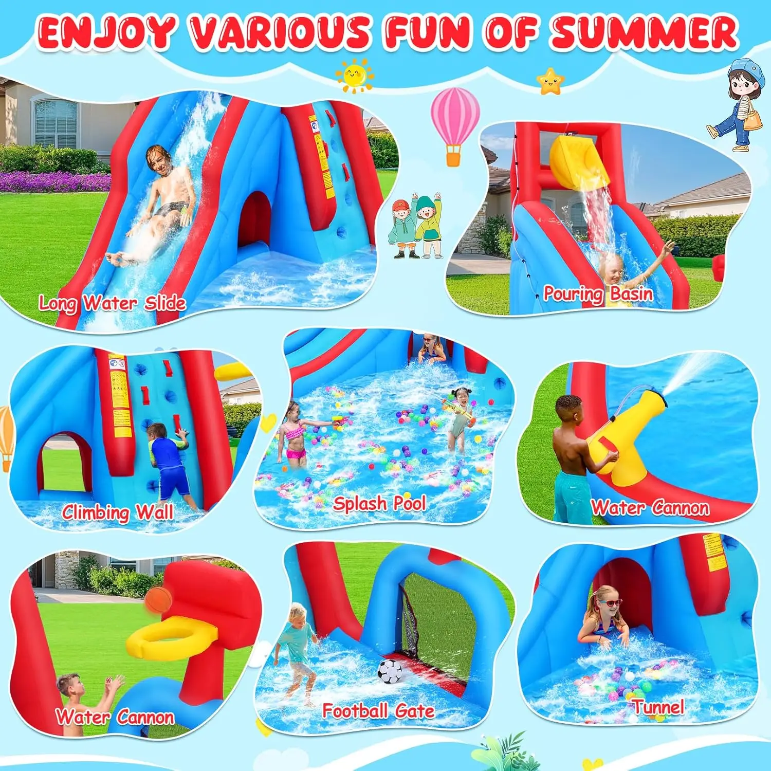 Opblaasbare waterglijbaan voor kinderen in de achtertuin, 14,2 ft waterglijbaan Park Bounce House met groot zwembad, glijbaan, voetbalveld, dumpemmer, obst