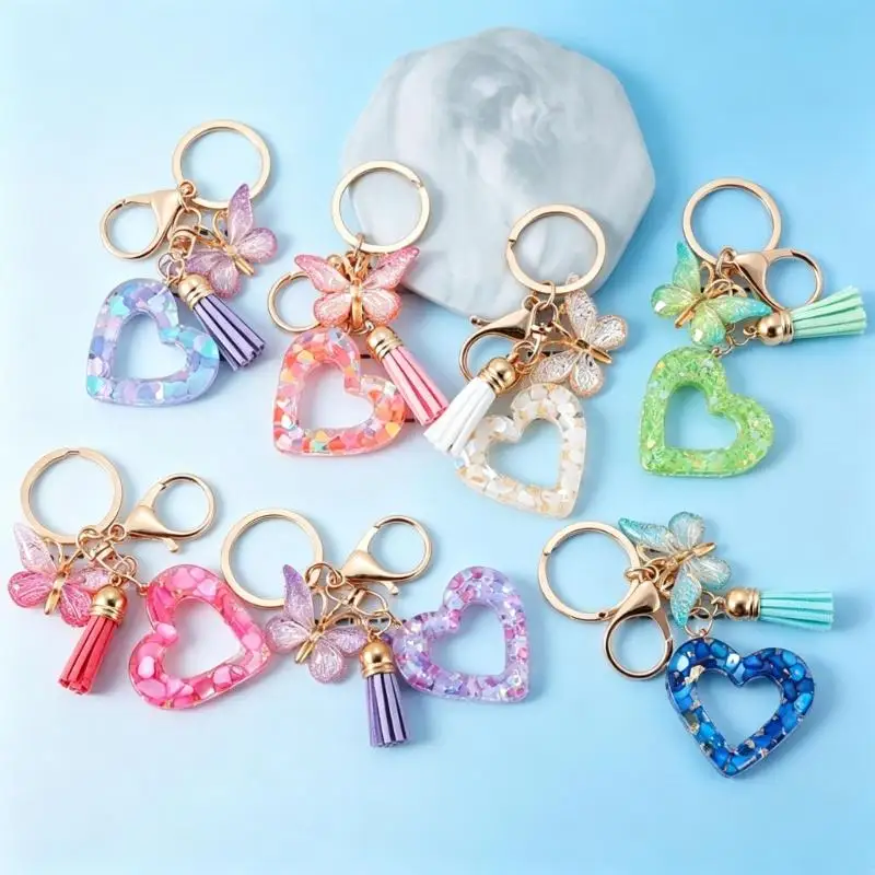 195C Decorative Heart Chain Charm with Tassels Detail Resin-Look Pendant Gold-Tone Ring Accent for Handbags and Keys