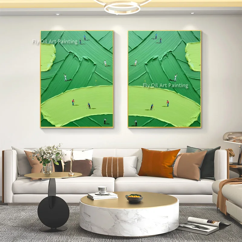 Abstract Green Knife Thick Golf Course People Playing Golf Oil Painting Fashional Hand Made Set Of Two Room Wall Decor Items