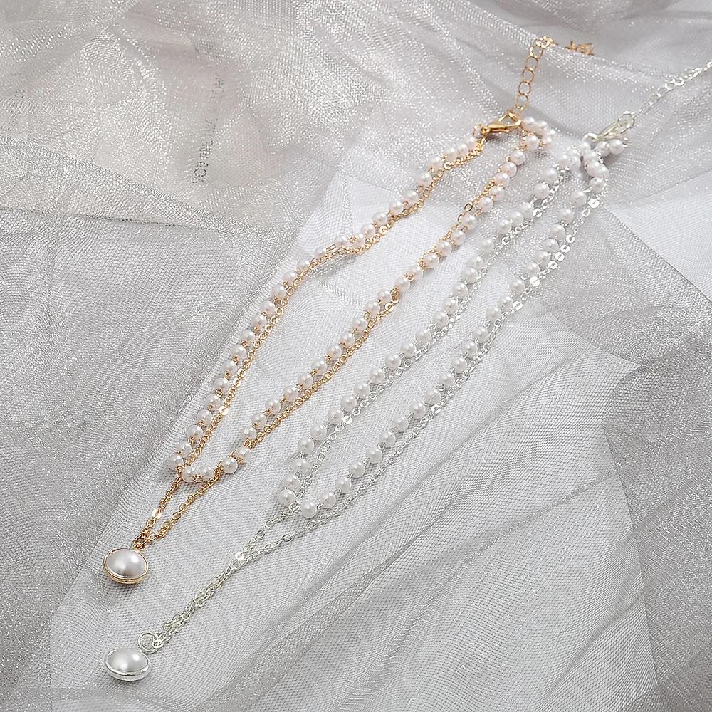 Kiss Jewelry Vintage Gold Color Pearl Beaded Necklace Women Double Chains Pearl Pendant Choker Korean Fashion Collar Jewelry