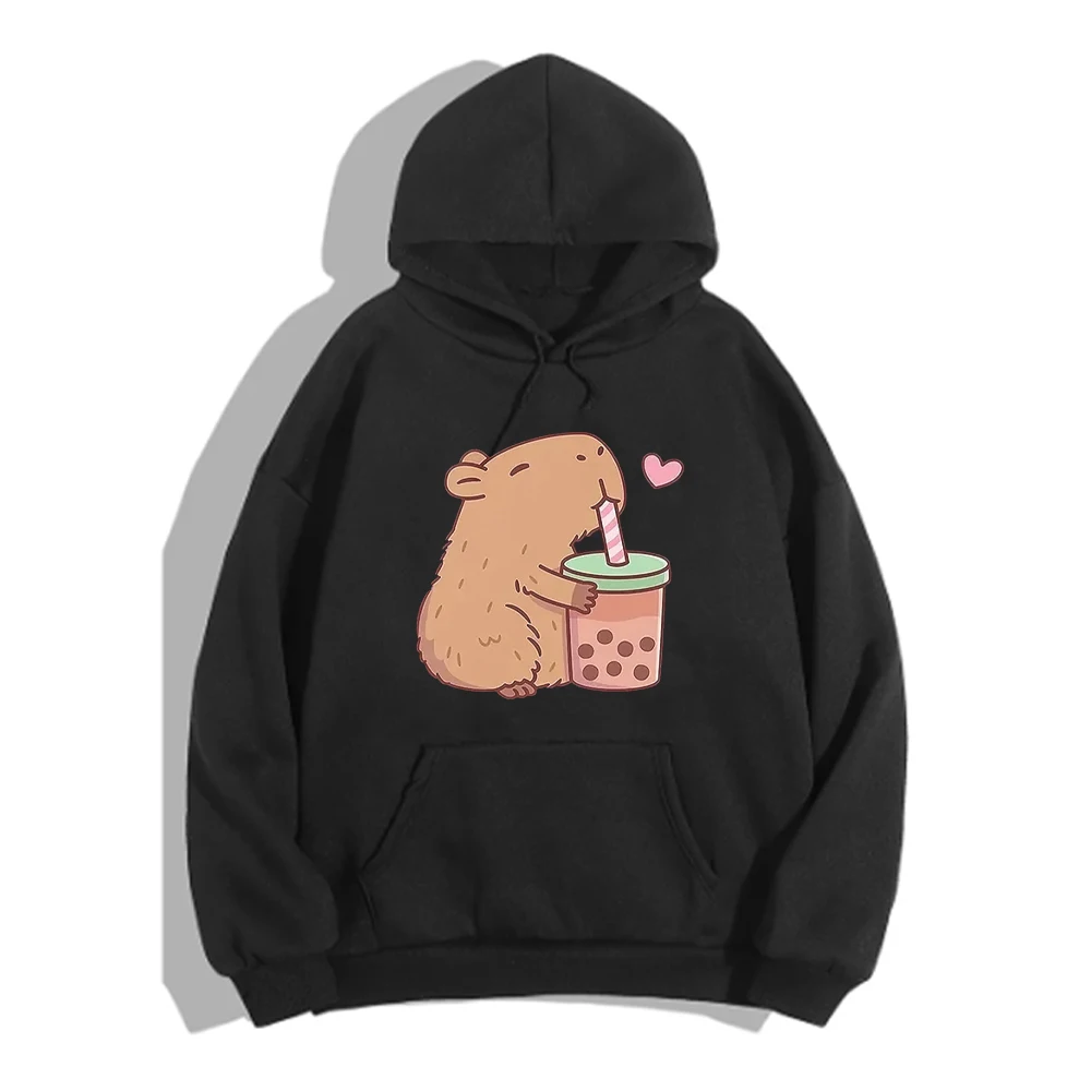 New In Hoodies 2024 New Kawaii Bubble Tea Capybara Printed Hooded Sweatshirt Fun Hooded Sportswear Harajuku Women\'s Clothing