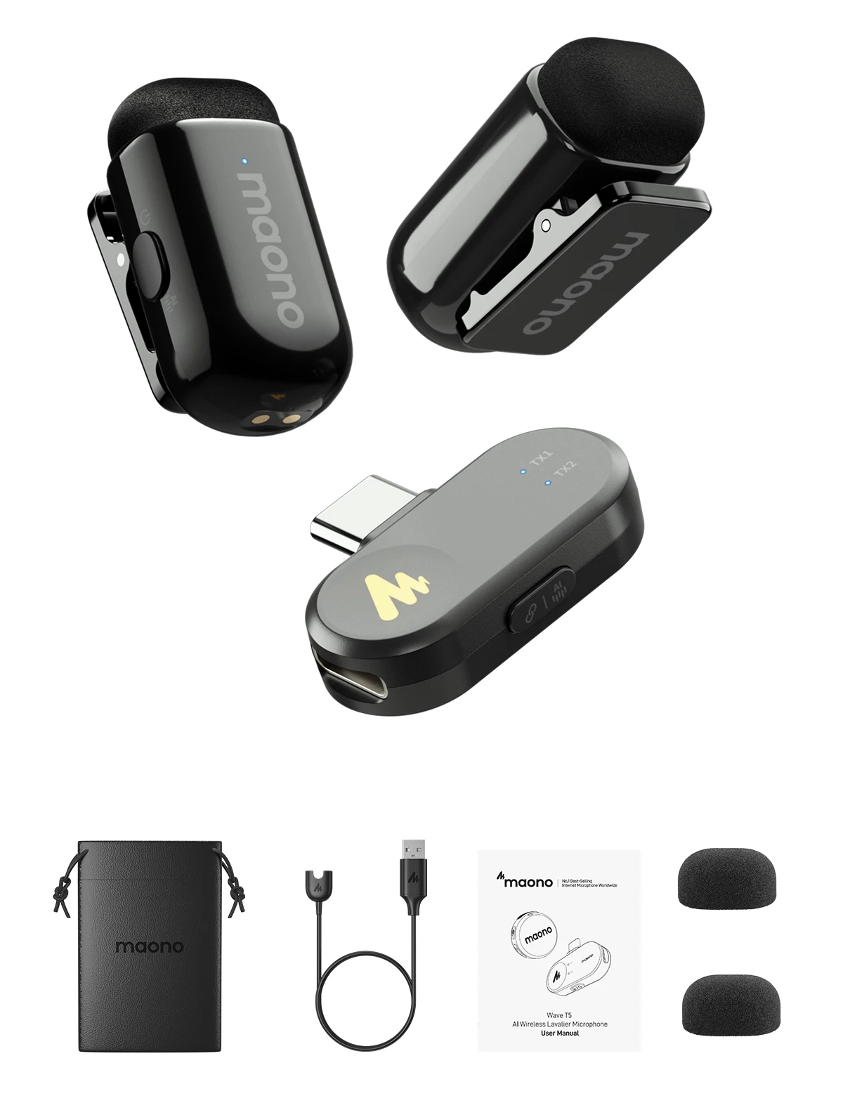 

MAONO T1mini Wireless Lapel Microphonefor iPhone Android Tablet PC with Noise Cancellation App Setting for Audio Video Recording