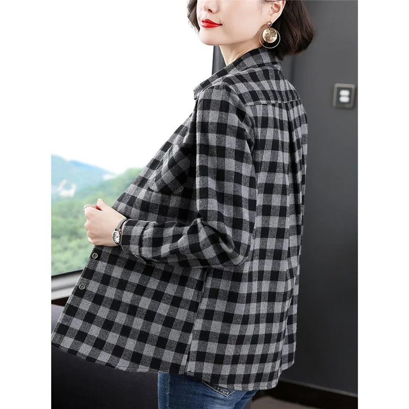 Plaid Print Casual Long Sleeve Button Up Shirts Spring Autumn Fashion Cotton Loose Top Blouse Women Blusas Mujer Clothing 2023