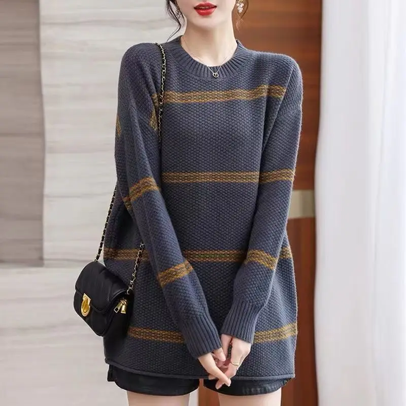 Plus Size Belly Covering Mid Length Women's Sweater Autumn Winter New Loose Striped Round Neck Knitted Sweater Top for Women