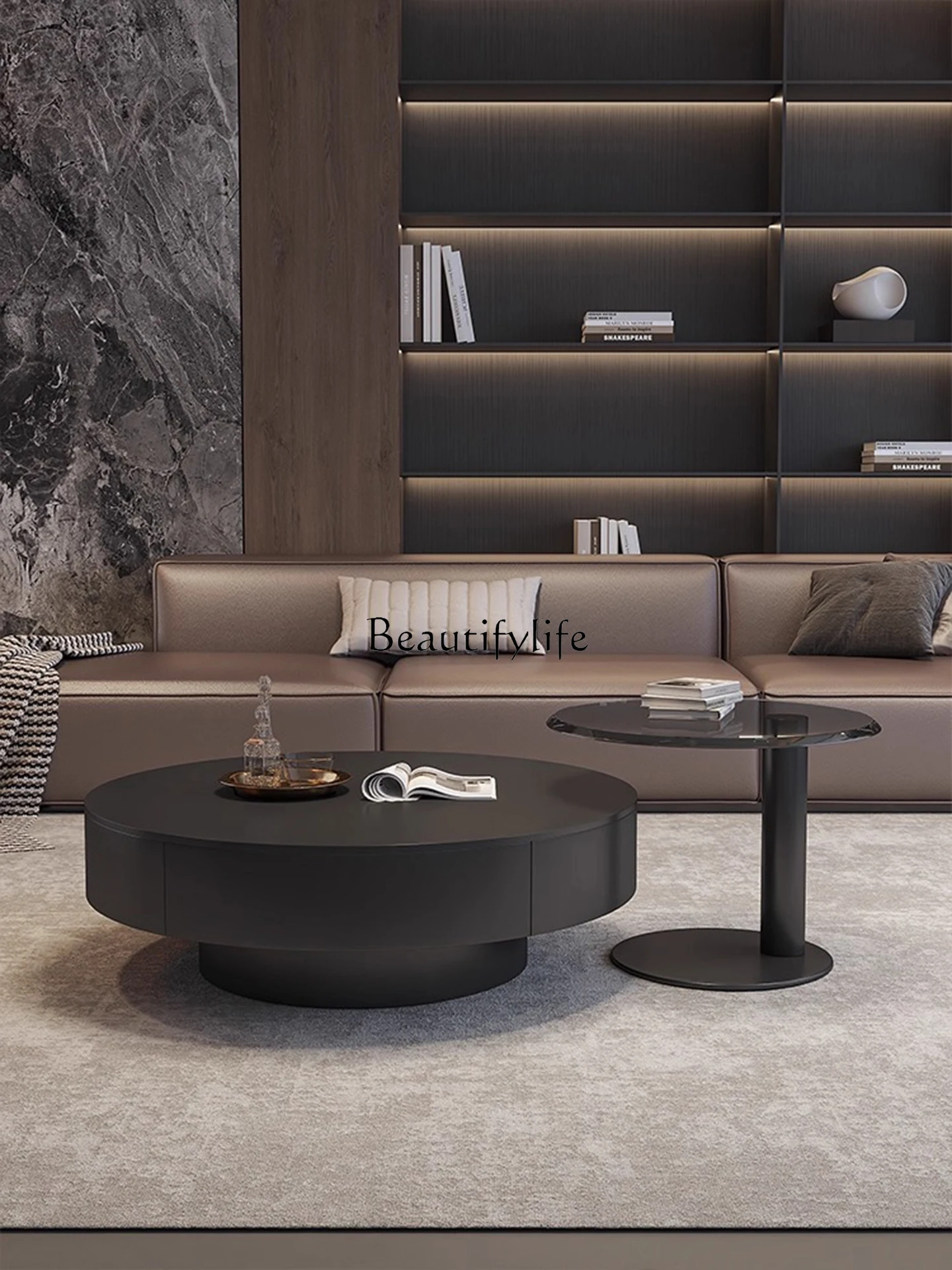 

Modern round rock slab coffee table Italian minimalist high-end sense solid wood small apartment household