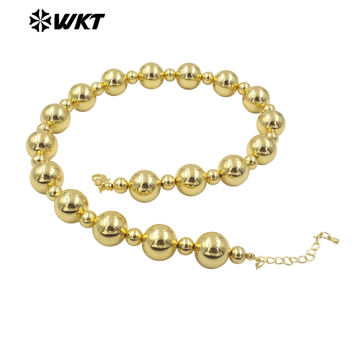 WT-JFN15 New Popular Simple Cool 18K Real Gold Plated 16MM Big Brass Ball Beads Women Necklace With Extend 18inch Long