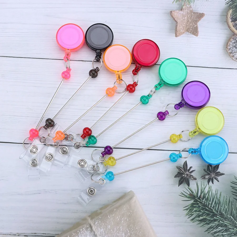 12PCS Random Color Beaded Retractable ID Badge Holder Clip Portable Key Chain Office Desk Home Organization Accessory ZYF