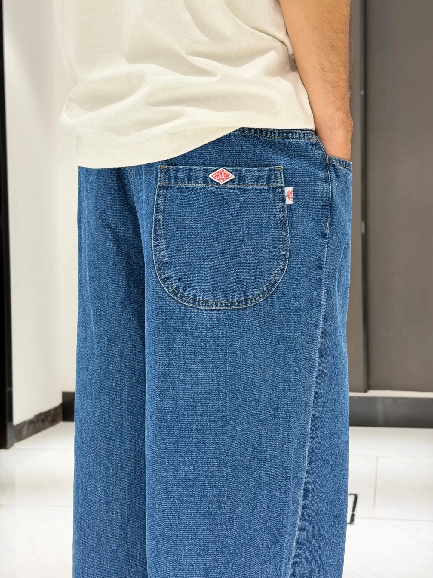 Washed Japanese Style Functional Wide Leg Men's Jeans Loose Fit Straight Workwear Long Pants Breathable Comfortable Cotton