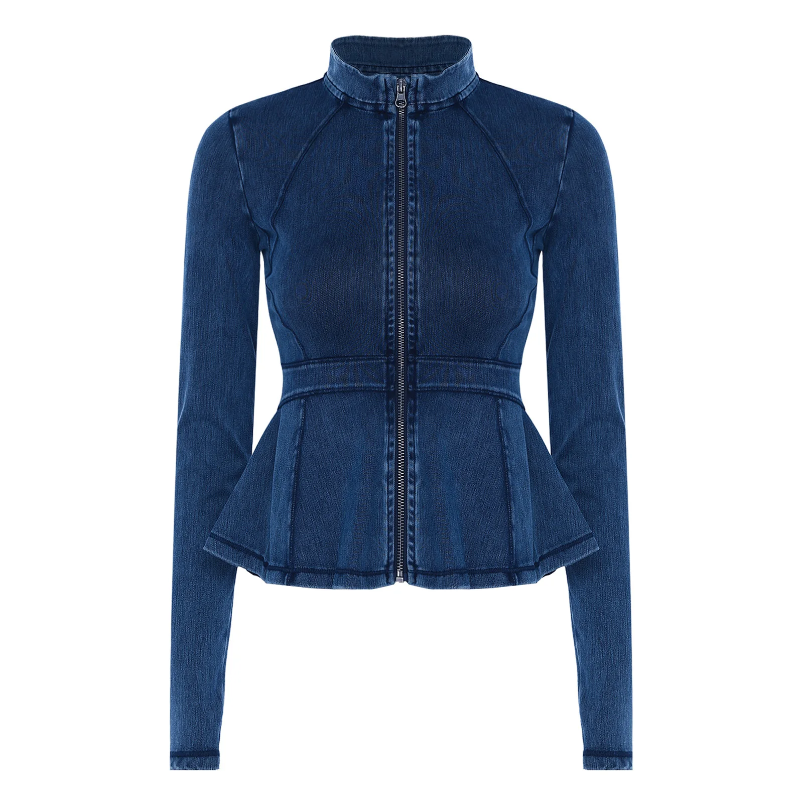 

Stylish Women Denim Peplum Jacket Party Daily Wear Stand Collar Long Sleeve Zipper Slim-Fit Ruffle Coat Workout Athletic Outwear
