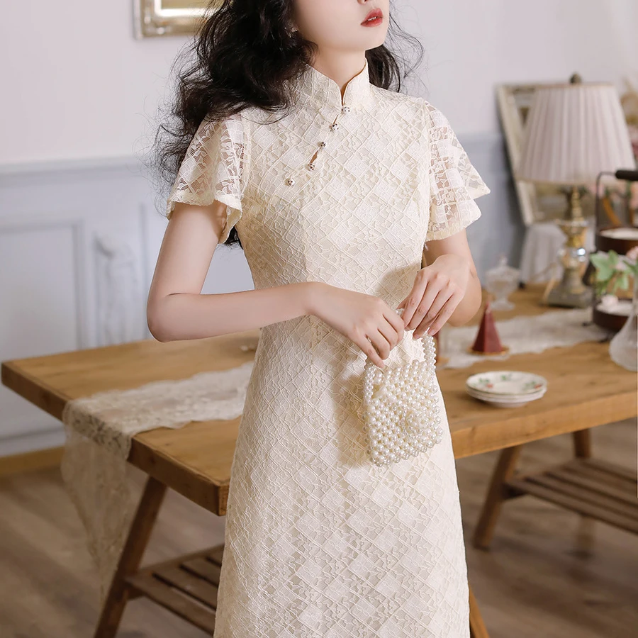 

Mandarin Collar Cheongsam Lace Traditional Chinese Vintage Qipao Dress Short Sleeve Sexy Evening Party Elegant Dresses Vestidos