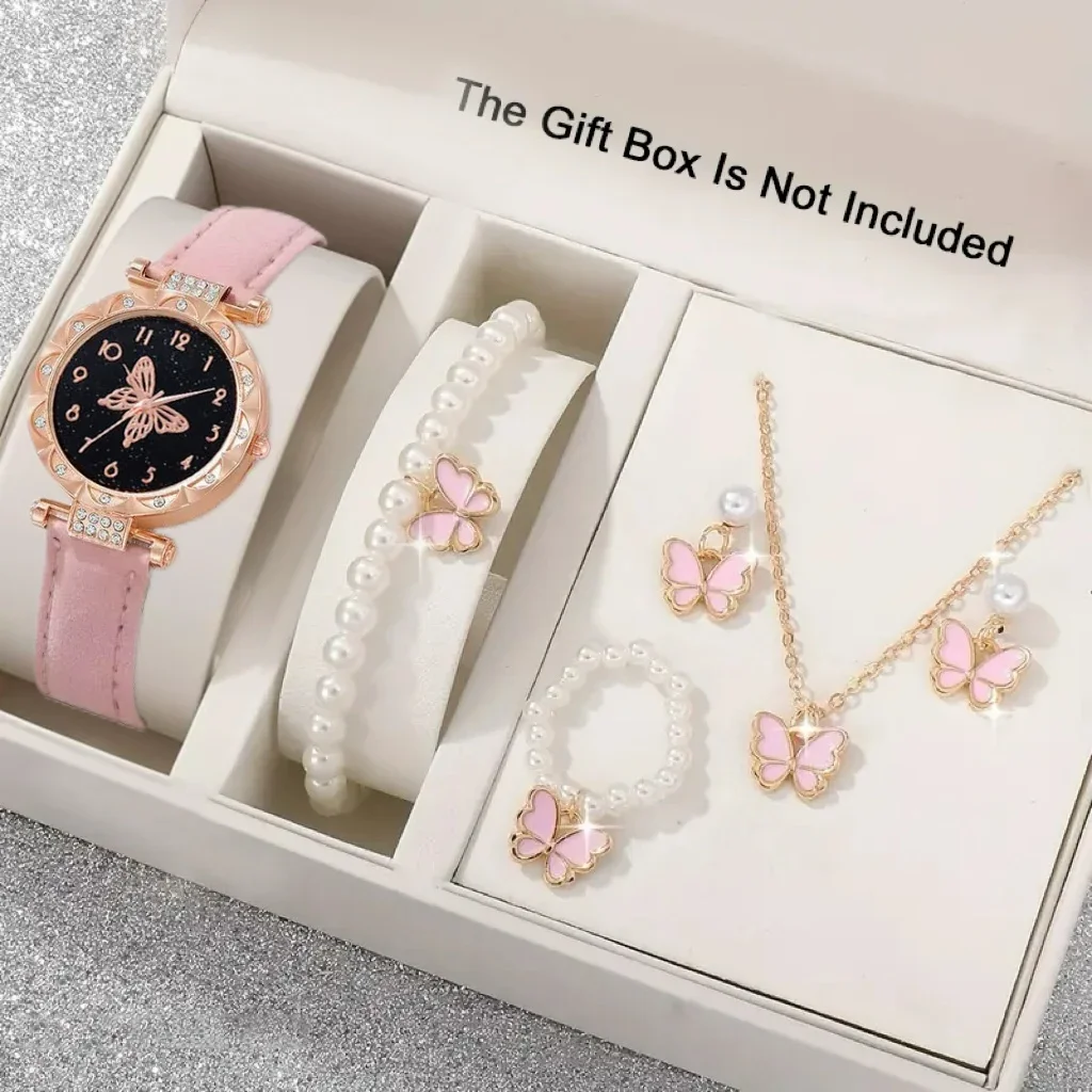 Fashion Women Quartz Watch 5Pcs Set Jewelry Set Pink Butterfly Pearl Necklace Earring Ring Bracelet