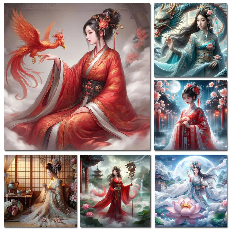 Diamond Painting Art New Chinese Ancient Woman Full Diamond Mosaic Fairy Phoenix Dragon Cross Stitch Moon Embroidery Home Decor