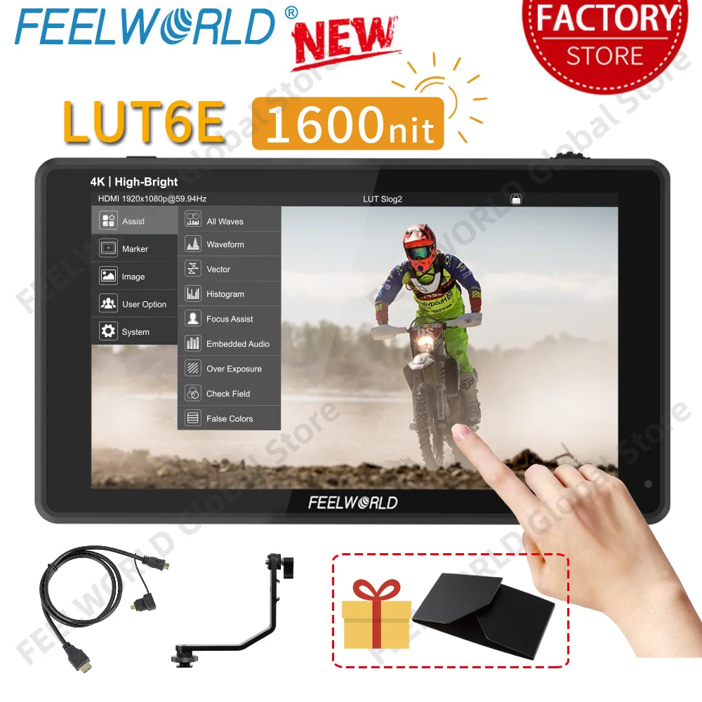 FEELWORLD 6 Inch 1600nit Touch Screen Camera Field HDMI DSLR Monitor 3D Lut Waveform Vectorscope 1920x1080 Full HD IPS LUT6E