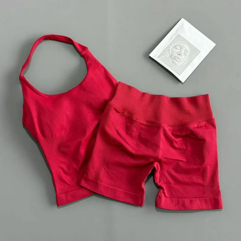 2 Pieces Sports Gym Set Woman Longline Strappy Tank Padded Yoga Clothing Seamless Sports Shorts Fitness Running Workout Suit