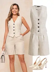 Women's Sleeveless Button-Up Vest & Shorts Set, Business Casual Outfit for Work or Daily Wear