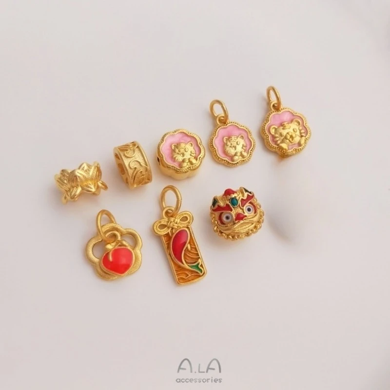 Sand Gold Dripping Oil DIY Accessories Lion Dancing Tiger Natal Year Pendant Lotus Flower Bead Barrier Bracelet Jewelry Pendant