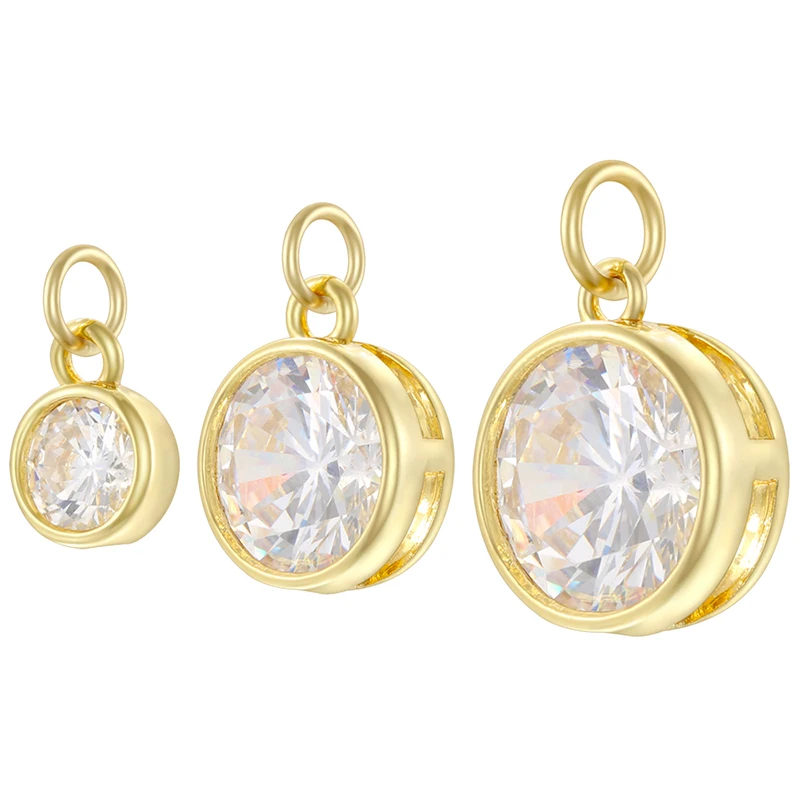3Pcs/lot,18K Gold-Plated Brass Round Clear Zirconia Pendant (with Jump Ring) – DIY Bracelet and Necklace Making Supplies:VD2321
