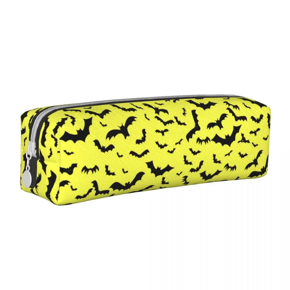 Gothic Design Square Pencil Case Bats Yellow Print School Cool Leather Pencil Box Teenager Zipper Pen Bag