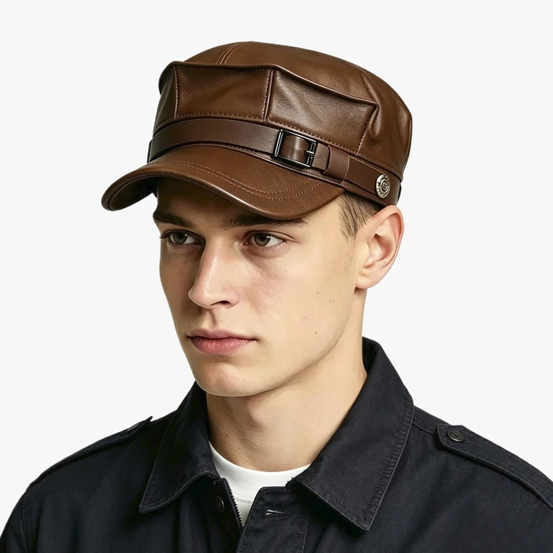 

Spring Men/Women Genuine Leather Army Hats Unisex European/American Streetwear Fitted Black Army Caps With Belt Outdoor Gorro