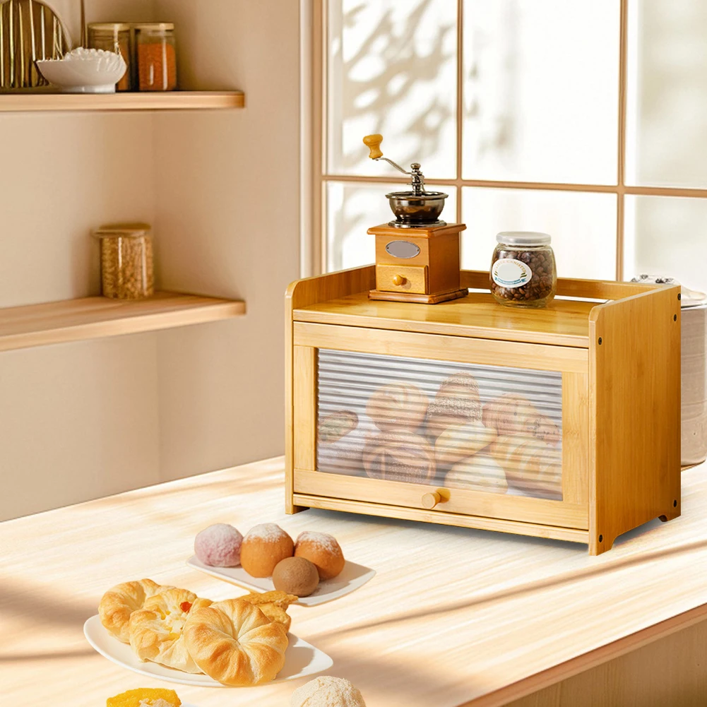 Bamboo Bread Bin Multi-Purpose Bread Storage Container Clear Flap Door Bread Keeper Bin Large Capacity for Homemade Bread Toast