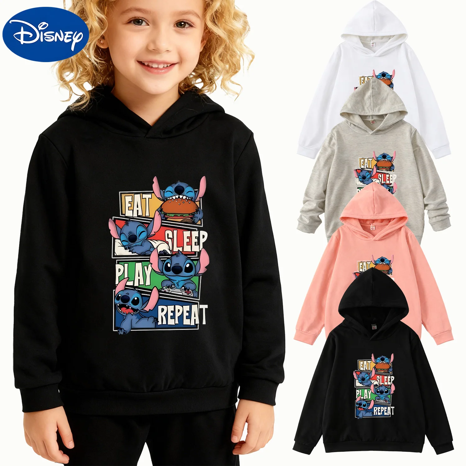 

Детская толстовка с капюшоном Disney Stitch «Eat Sleep Play Repeat», черный пуловер с длинными рукавами