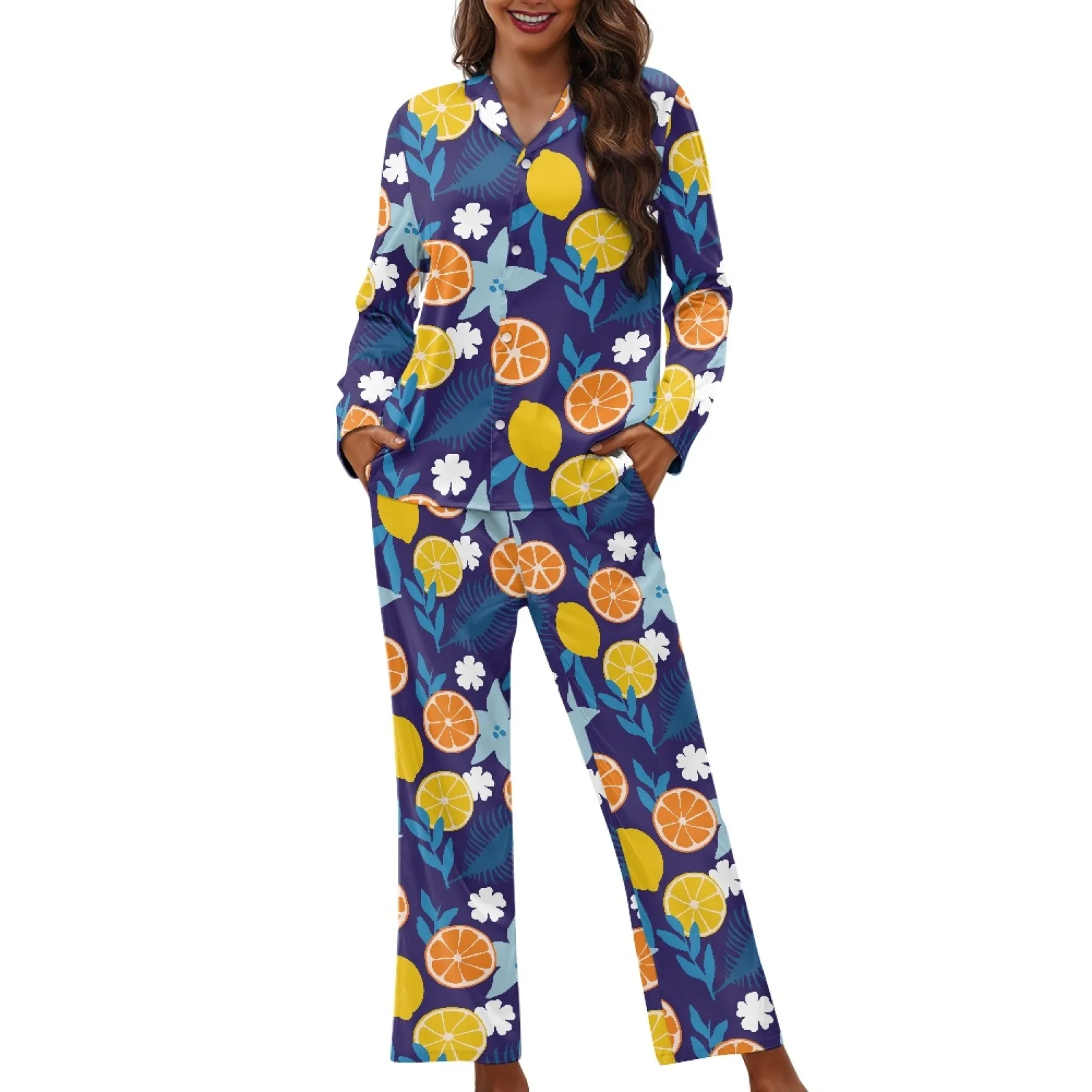 Lemon Pattern Prints Women's Pajamas Set V-Neck Button down Top and Trousers Casual Nightwear Loungewear Autumn Winter Two-Piece