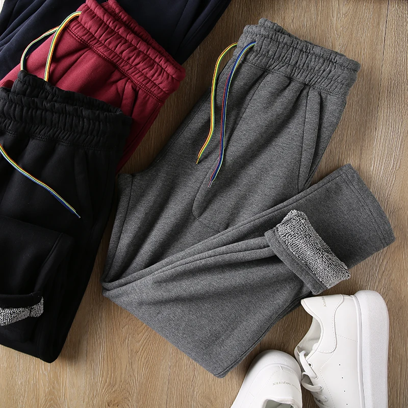 

Men's Winter Thiened Fce Lined Straight Leg Casual Sweatpants Faionable Urban Sle mid Waist Pure Color Youth Sport P...