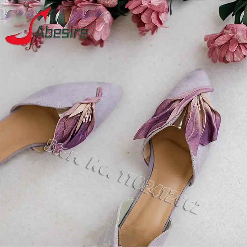 

Purple Petal Flower Pointed Toe Flat Shoes Fashion Sheepskin Soft Sole Slip On Flats Sweet Women's Sandals Wedding Dress Shoes