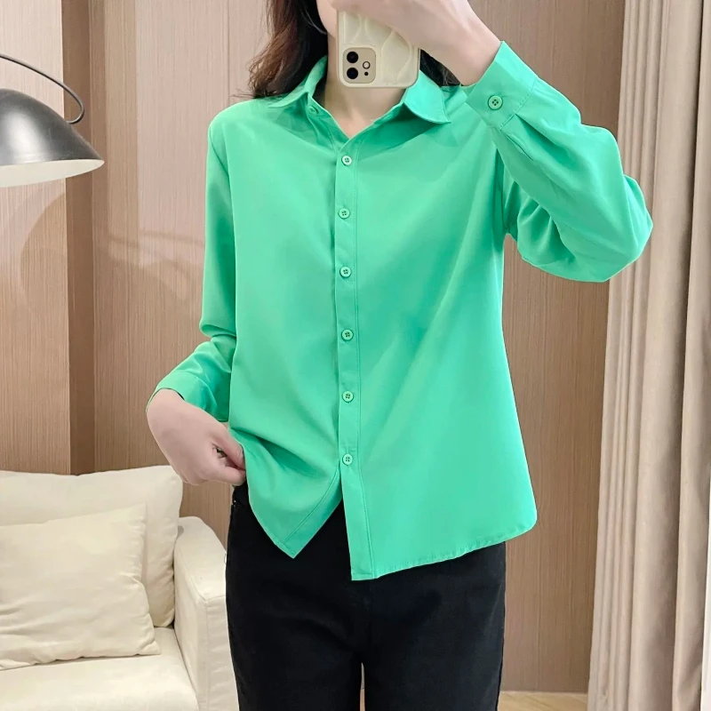 Spring Autumn Women\'s 2024 New Spliced Polo Collar Button Fashion Solid Color Slim Minimalist Casual Long Sleeve Blouses Shirts