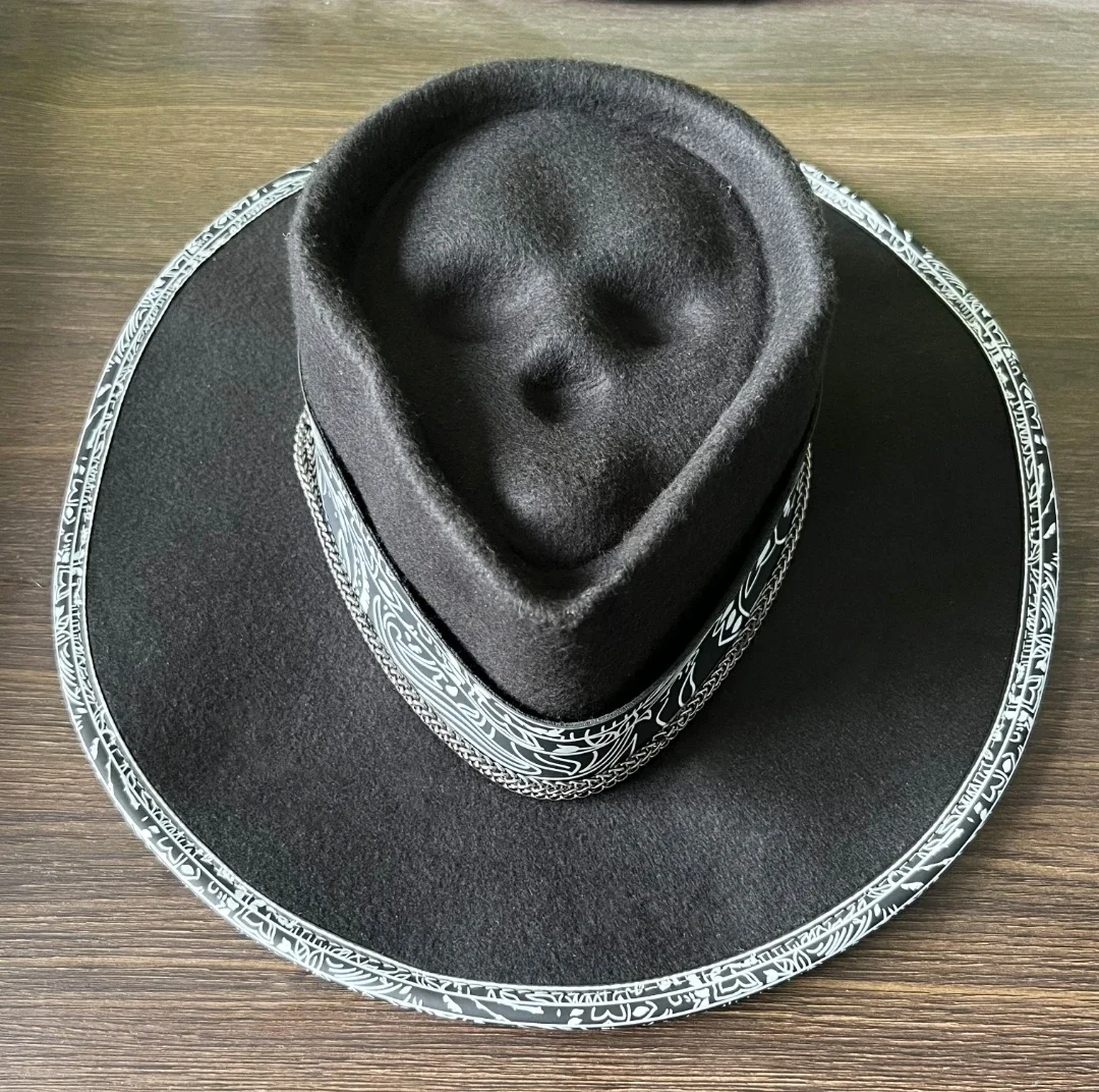 

3D Skull Devil Face Tweed Hat Flat Brim Hat "Reaper of Sorrows" Handmade Skull Hat Cowboy Hat Halloween Bowler Hat