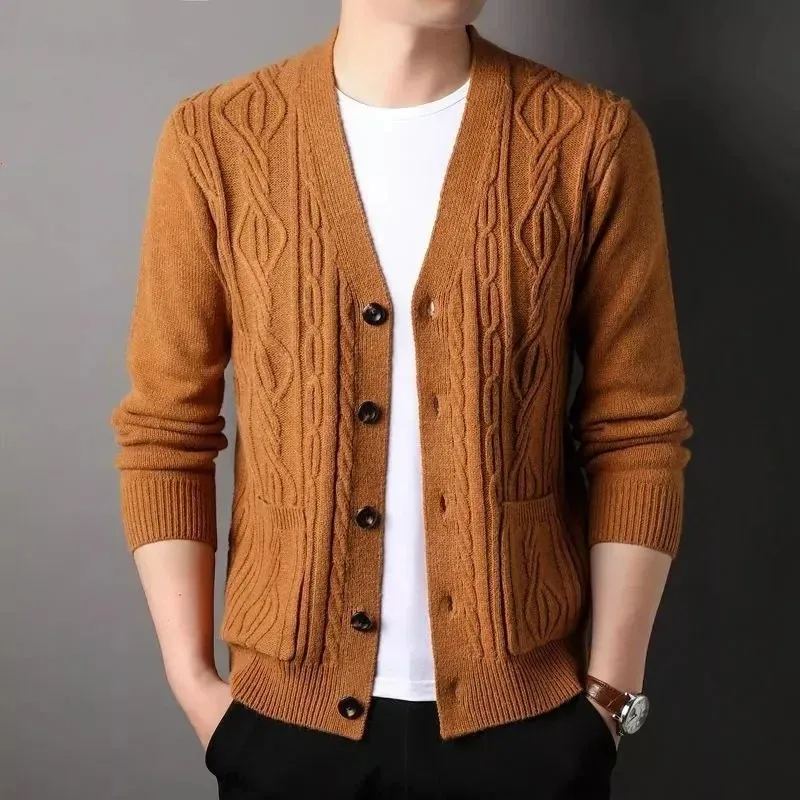 Men's Sweater Thickened New Autumn Winter Wool Knitted Cardigan Young and Middle-aged Solid Color Casual Sweater Jacket