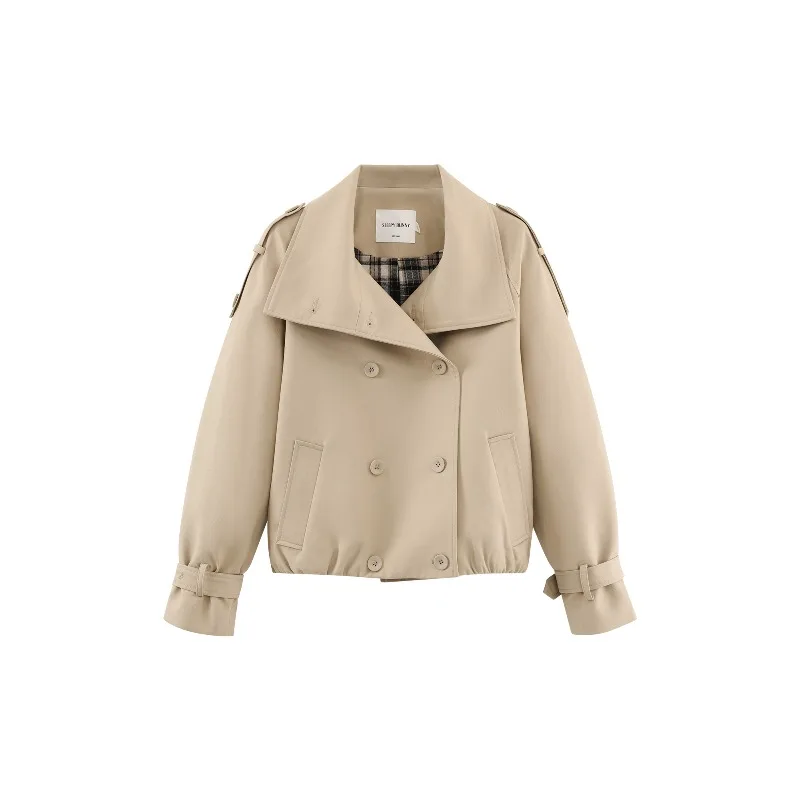 เสื้อโค้ทเทรนช์โค้ททรงดับเบิ้ลเบรสต์สำหรับผู้หญิง สไตล์เรโทร แขนเสื้อแบบแร็กแลน ทรงหลวม ดีไซน์เก๋ไก๋ ปกเสื้อแบบลาペル เหมาะสำหรับฤดูใบไม้ร่วง สวมใส่สบายๆ