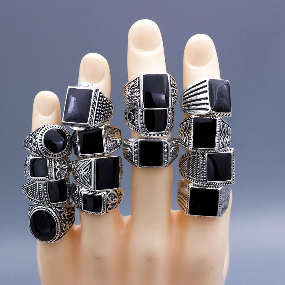 Wholesale Lots 20pcs Design Mix Black Enamel Stone Rings For Men Vintage Man Ring Retro Punk Alloy Jewelry Party Gift