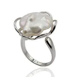 Anello barocco perla d'acqua dolce naturale anello aperto regolabile in argento argento piatto moneta perla anelli Vintage da donna spedizione gratuita