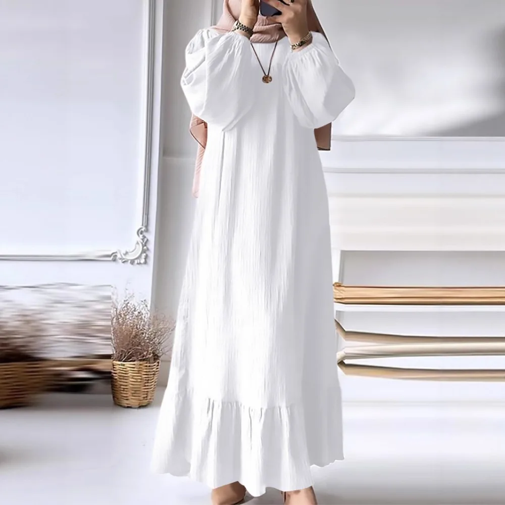 Muslimische frauen Robe Neue Mode Langarm Retro Langen Rock Einfarbig Rüschen Saum Kleid für Frauen