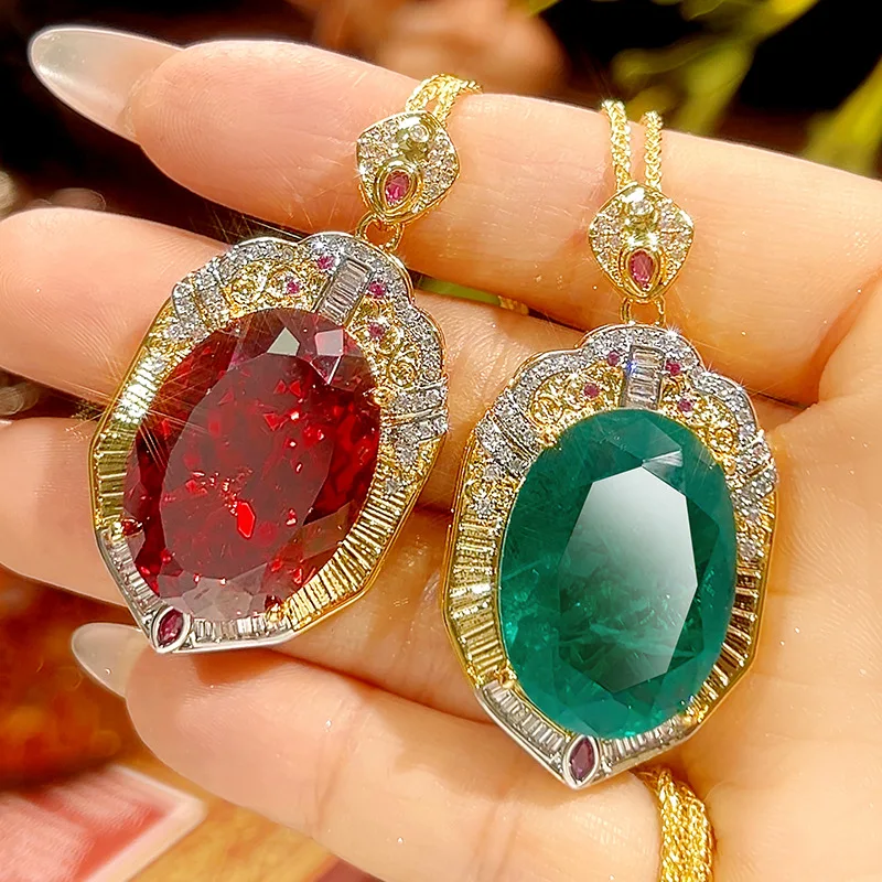 Two‑Tone Vintage Art‑Deco Pendant Necklace Simulated Ruby Emerald Oval CZ Filigree Banquet Women Statement Jewelry