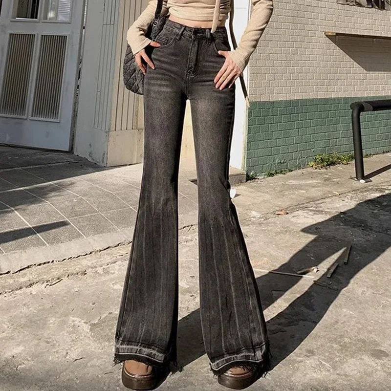 

Lady Chic Korean High Waist Thin Flared Jeans Women Ripped Designer Thin Pants Girls Comfortable Skinny Denim Trousers