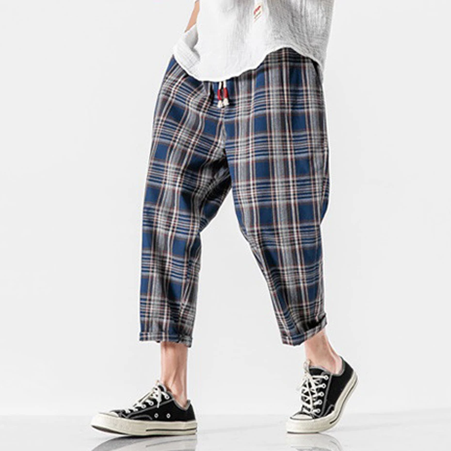 Harajuku Harem Pants Men Hip Hop Streetwear Plaid Pants Male Fashion Casual Loose Ankle-length Pants Elastic Waist