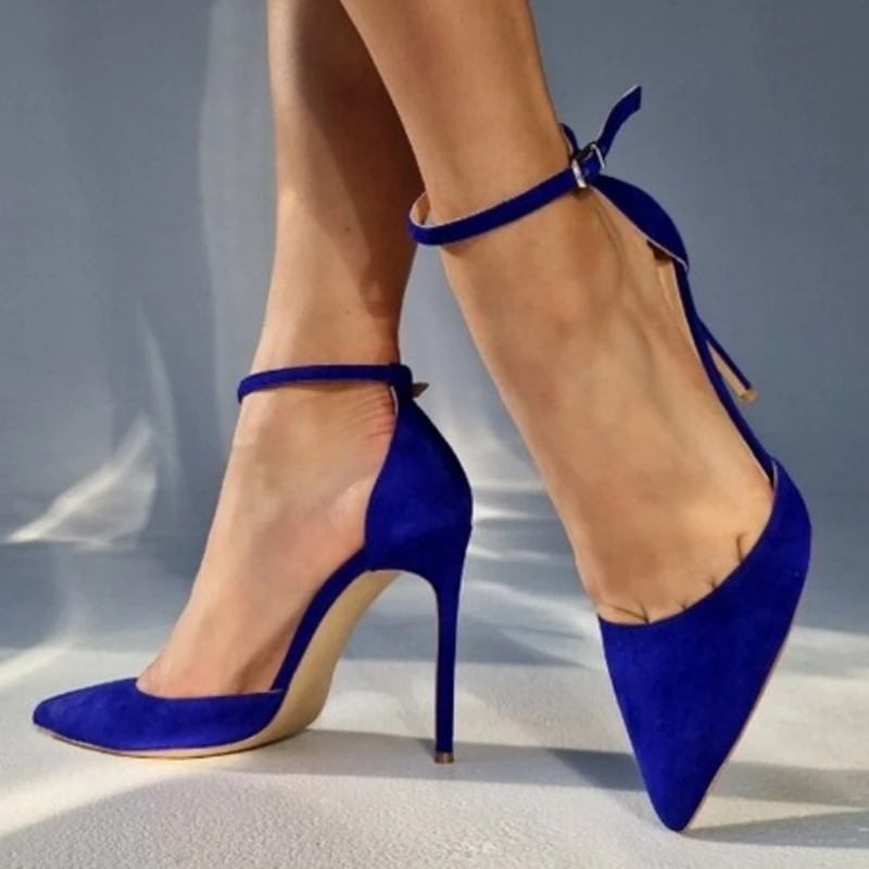 

Sexy Blue Suede Pointed Toe Stiletto High Heels Shoes Stretch Cloth Ankle Strap 12cm 10cm 8cm Female Celebrating Pumps