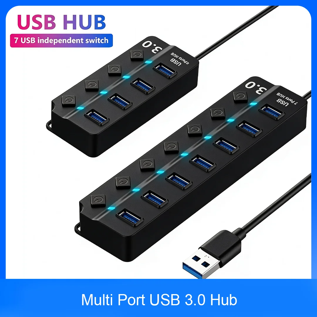 Premium USB 3.0 Hub with Independent Switch 4/7 Port High Speed Data Splitter LED Indicator for PC Laptop Desktop Printer Office