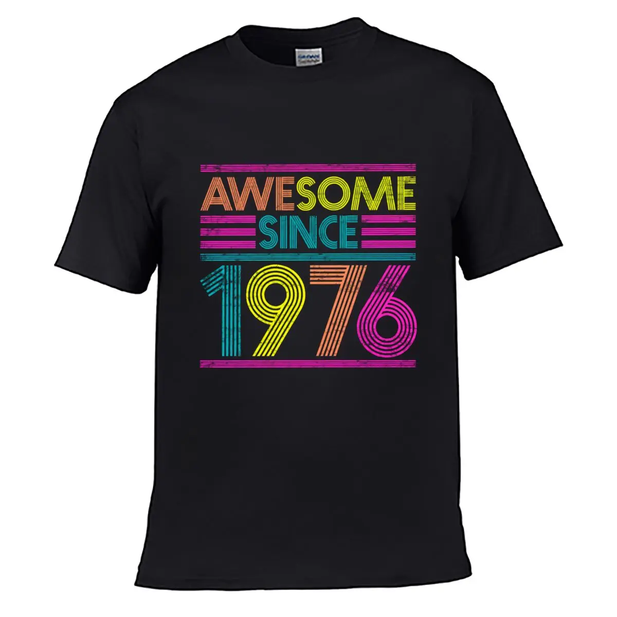 Awesome Since 1976 Colorful Striped Typography Design short-sleeved T-shirt Streetwear Top