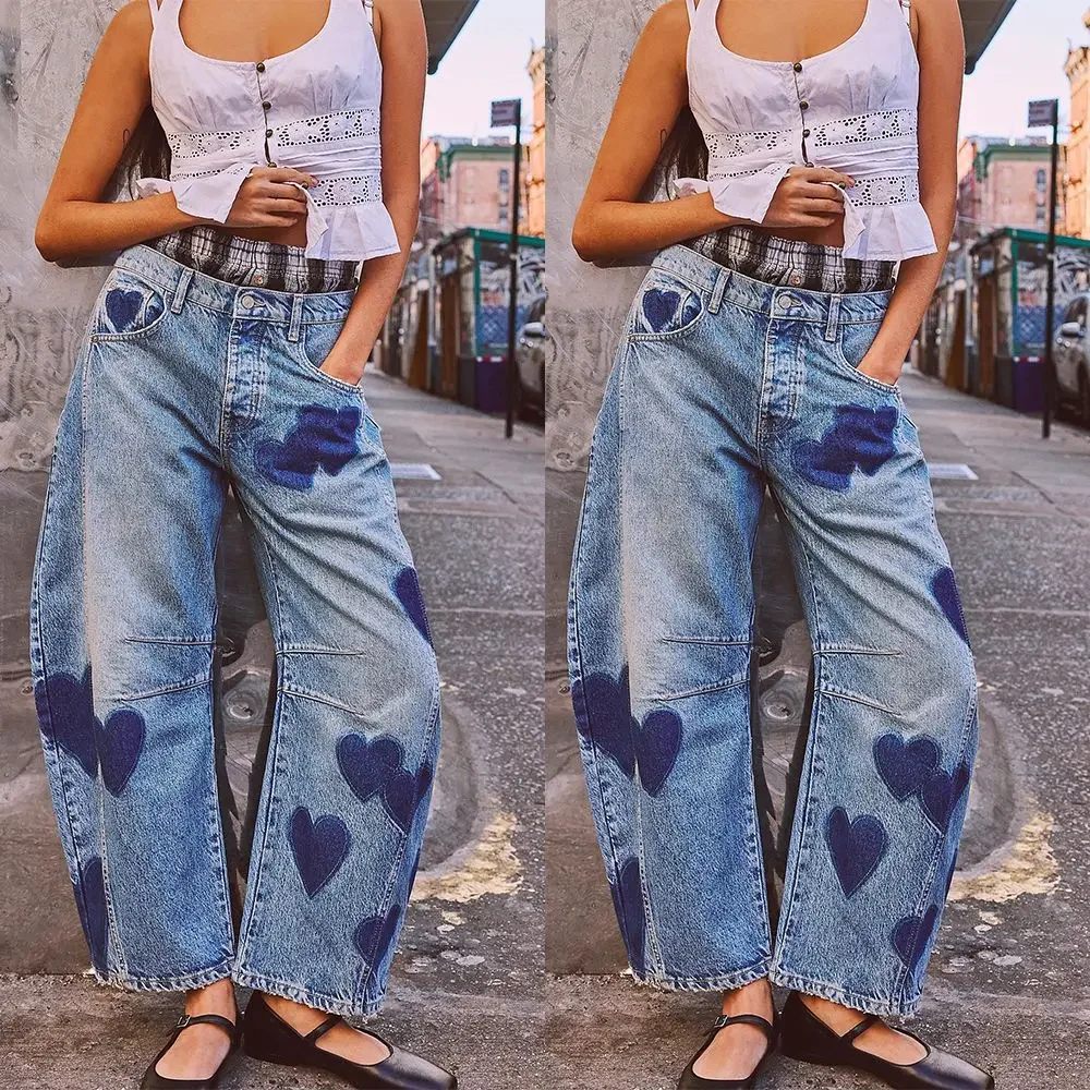 

Jeans Women Print Long Pants Casual Loose Denim Blue Mom Heart Mid Waist Wide Leg Pant Trousers Pocket Button Y2k Splice 2025