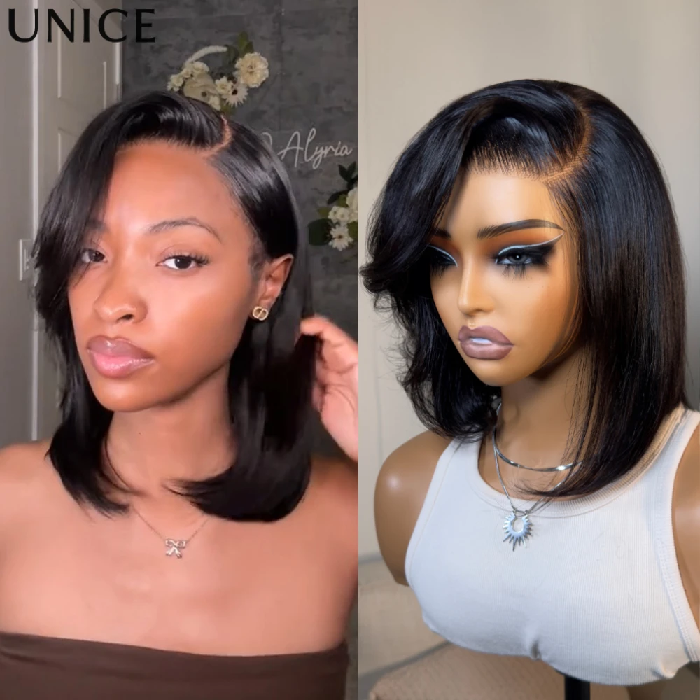 

UNice Pre Cut Pre Bleached 4x4 Lace Closure Bob Wig With Side Swept Bangs 100% Human Hair Glueless Wigs 150% Density
