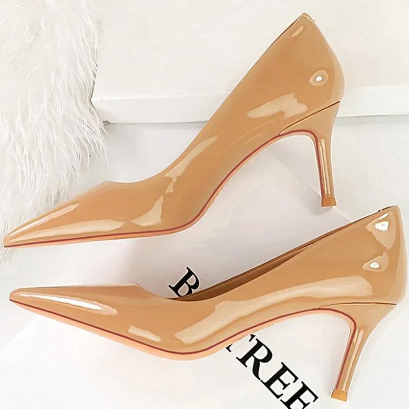 BIGTREE Fashion Women Simplicity Glossy Patent Leather 7cm Thin High Heels Pumps Shallow Pointed Toe Lady Shoes Red Nude Green