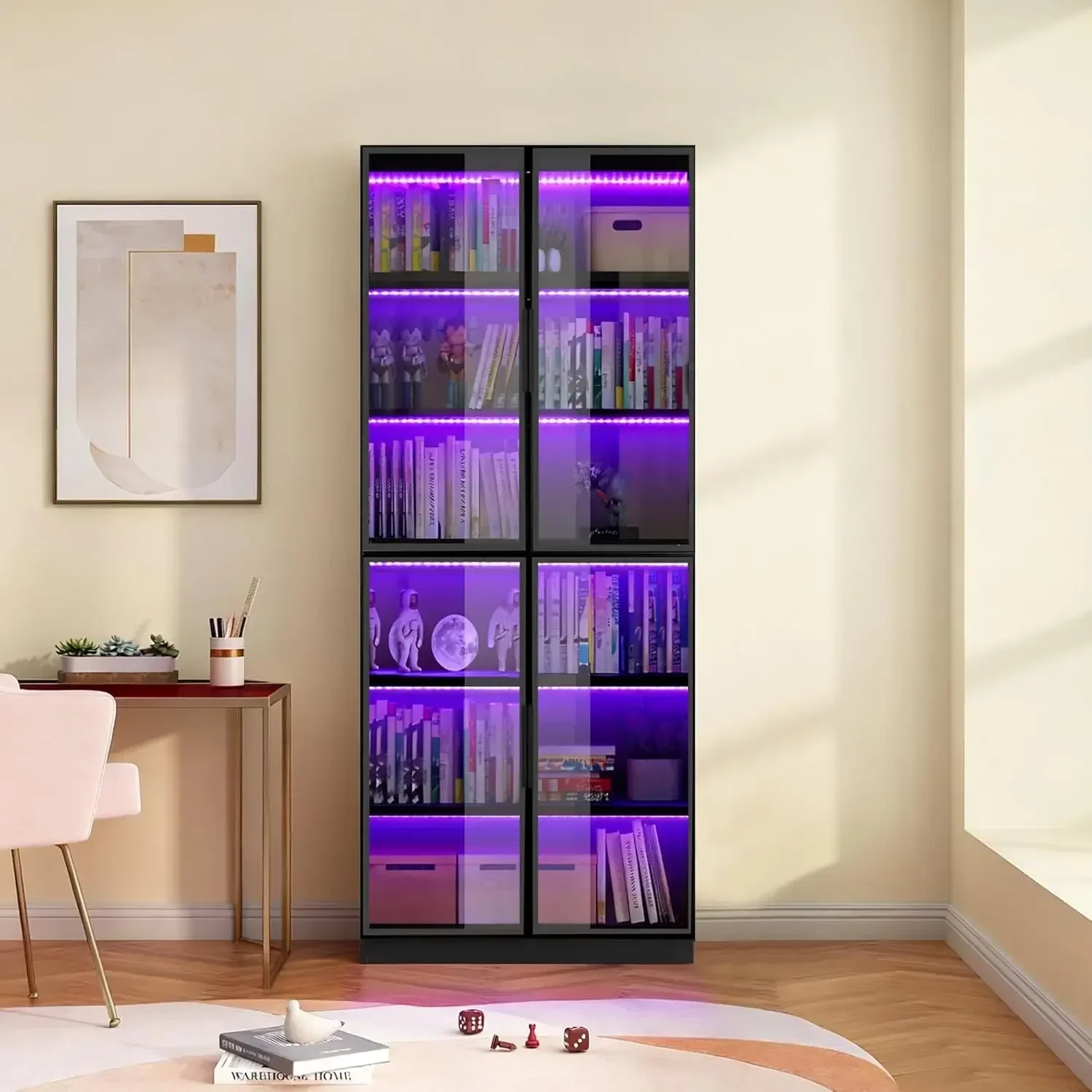 Tall Black Bookshelf Cabinet With Clear Tempered Glass Door Multi Color Led Ambient Lighting Six Story Large Storage For Bedroom