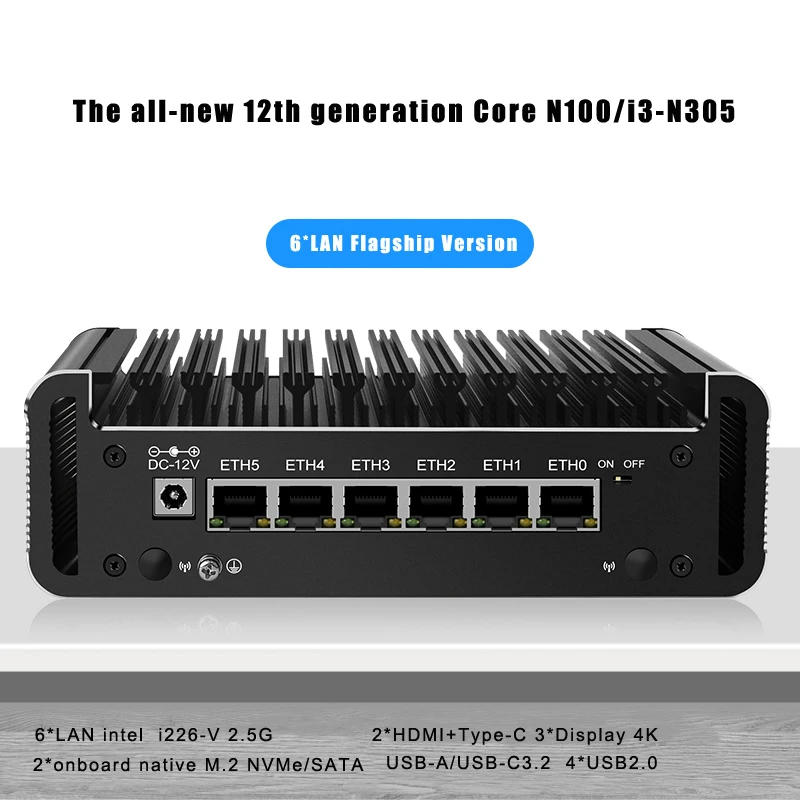 6*LAN 2.5GbE Mini PC 12th Gen Intel i3 N305 N100 6xi226-V Firewall Router DDR5 2*HDMI2.1 TPM2.0 AES-Ni ESXI Computer Window11