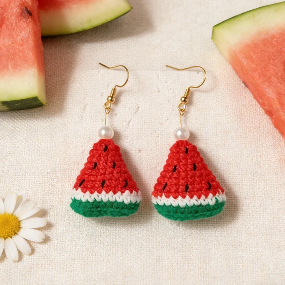 

Unique Crochet Triangle Watermelon Earrings - Handmade Cute Fruit Dangle Earrings for Women - Kawaii Summer Y2K Fashion Jewelry