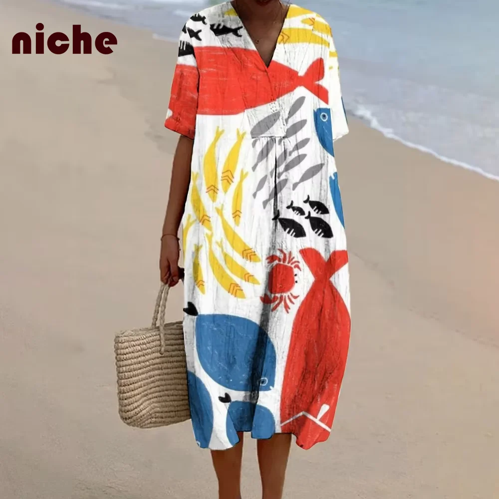 

Ladies Dress Contrasting Color Sardines Lobster Chic Graphic Printing High Quality Fabric Loose Casual Trend New Beach Skirt