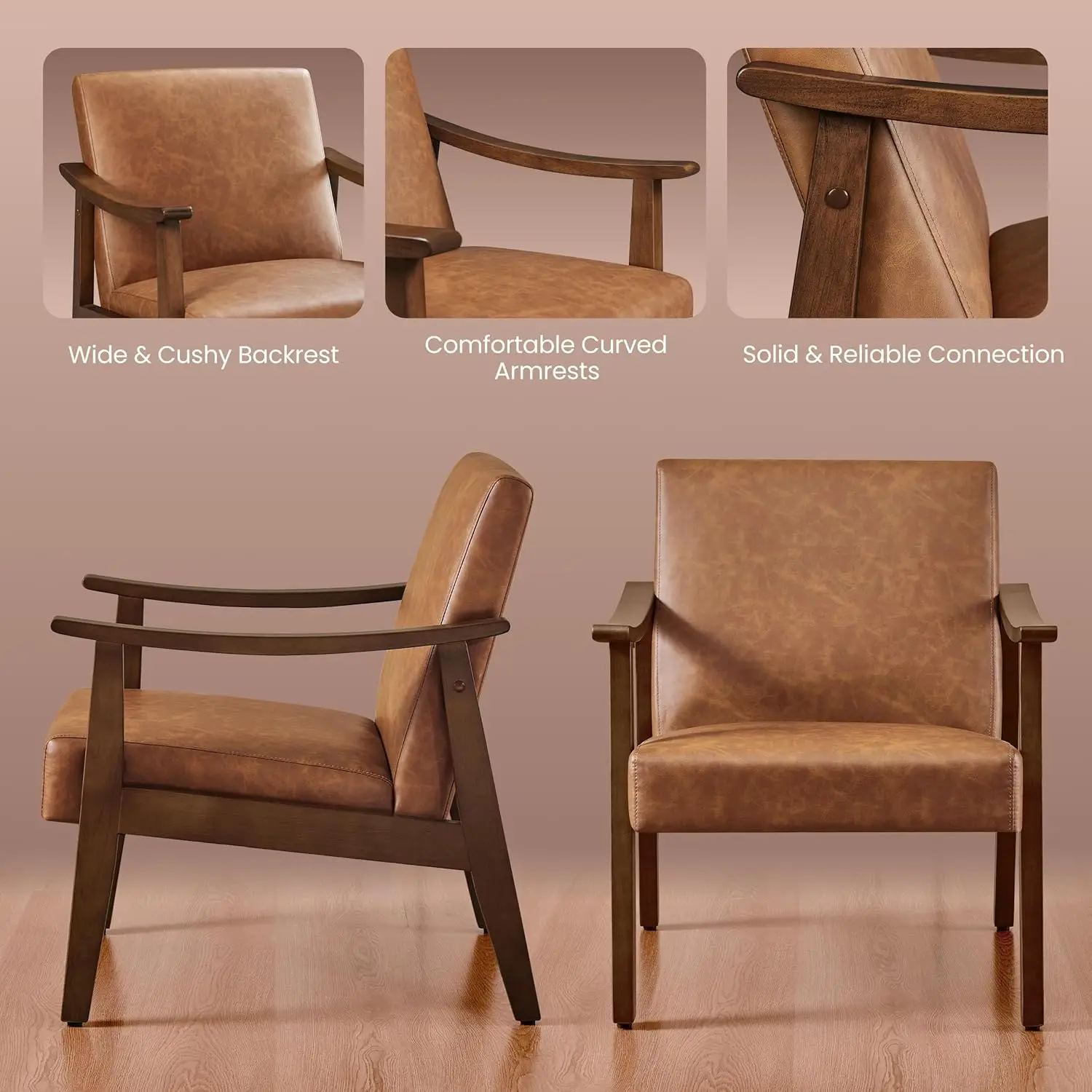 كرسي جلدي، كرسي بذراعين حديث من منتصف القرن مع أرجل خشبية صلبة، كرسي ترفيه للقراءة مع ظهر مرتفع لغرفة المعيشة